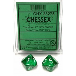 Translucent 10-Piece D10 Dice Set (Green/White) Dice