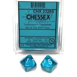 Translucent 10-Piece D10 Dice Set (Teal/White) Dice