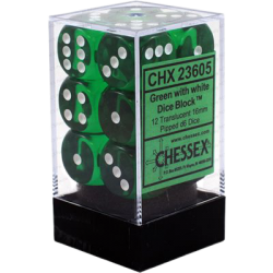 Translucent Set of 12 D6 Dice (Green/White) Dice