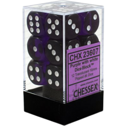 Translucent Set of 12 D6 Dice (Purple/White) Dice