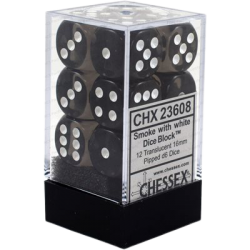 Translucent Set of 12 D6 Dice (Smoke/White) Dice