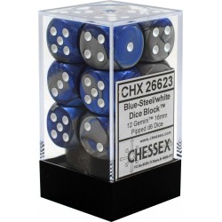 Gemini Set of 12 D6 Dice (Blue-Steel/White) 16mm Dice