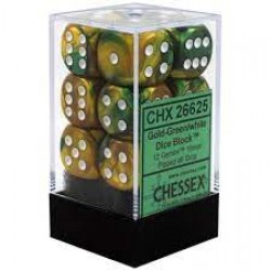 Gemini Set of 12 D6 Dice (Gold-Green/White) 16mm Dice