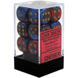 Gemini Set of 12 D6 Dice (Blue-Red/Gold) 16mm Dice