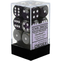 Gemini Set of 12 D6 Dice (Purple-Steel/White) 16mm Dice