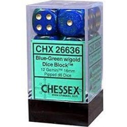 Gemini Set of 12 D6 Dice (Blue-Green/Gold) 16mm Dice