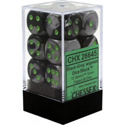 Gemini Set of 12 D6 Dice (Black-Grey/Green) 16mm Dice