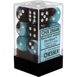 Gemini Set of 12 D6 Dice (Black-Shell/White) 16mm Dice