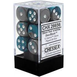 Gemini Set of 12 D6 Dice (Steel-Teal/White) 16mm Dice