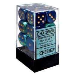 Gemini Set of 12 D6 Dice (Blue-Teal/Gold) 16mm Dice