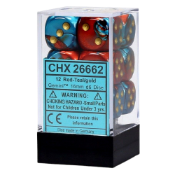 Gemini Set of 12 D6 Dice (Red-Teal/Gold) 16mm Dice