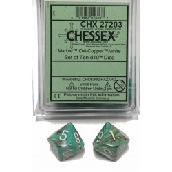 Marble Set of 10 D10 Dice (Oxi-Copper/White) Dice