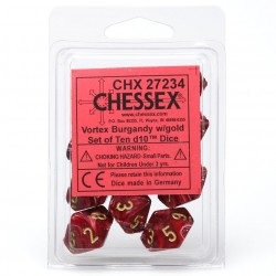 Vortex Set of 10 D10 Dice (Burgundy/Gold) Dice