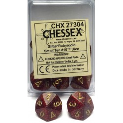 Glitter Set of 10 D10 Dice (Ruby/Gold) Dice