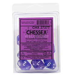 Borealis Set of 10 D10 Dice (Purple/White Luminary) Dice