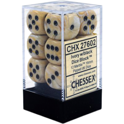 Marble Set of 12 D6 Dice (Ivory/Black) Dice