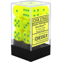 Vortex Set of 12 D6 Dice Electric Yellow/Green 16mm Dice